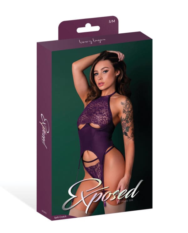 Leather & Lace Stretch Mesh and Lace Underboob Cutout Corset & Panty 2 pc Set - Plum S/M - Image 5