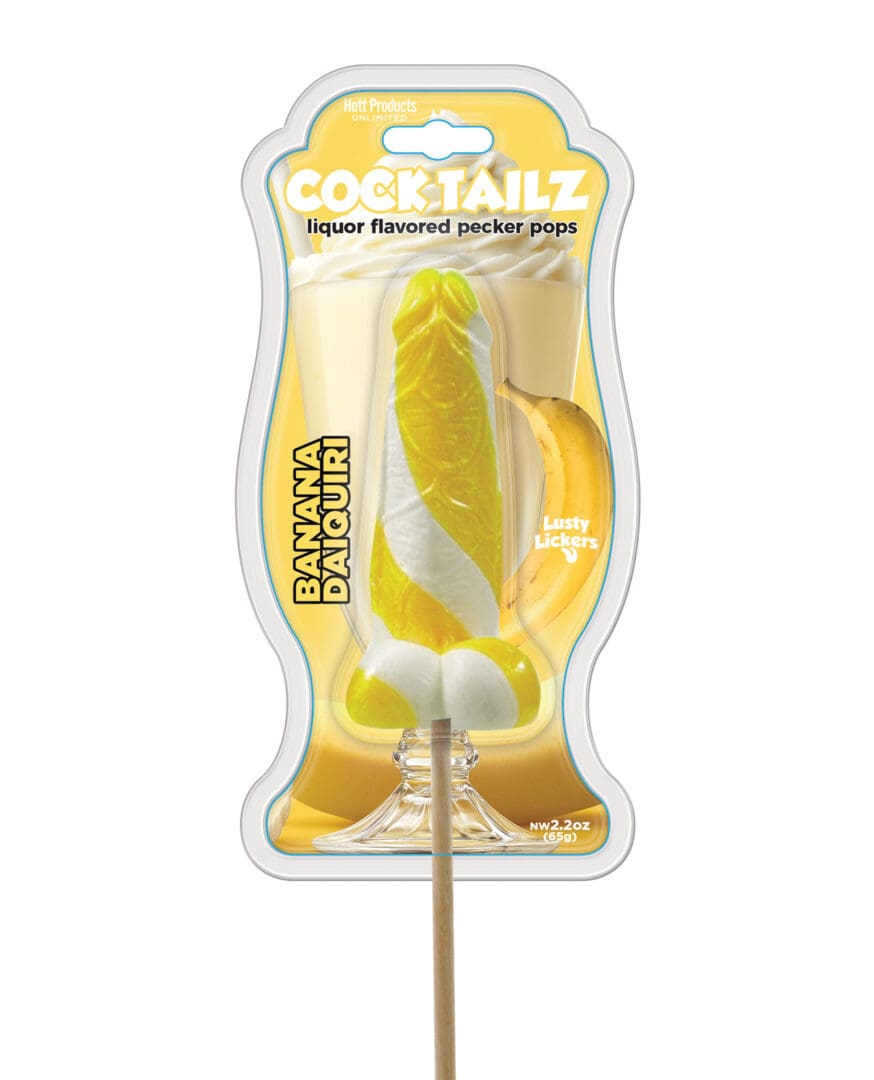 Cock Tailz Liquor Flavored Pecker Pops - Banana Daiquiri Yellow /White Stripe