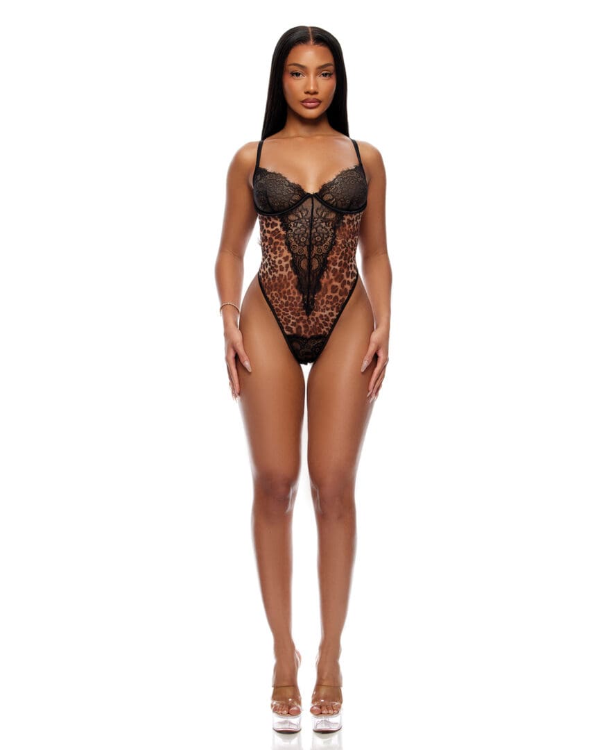 Animal Instincts Sheer Mesh and Lace Teddy - Animal MD