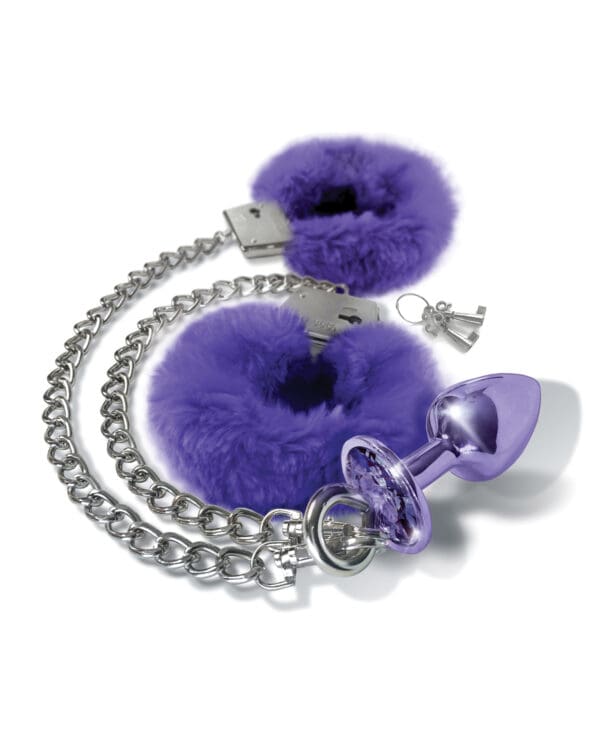 Nixie Metal Butt Plug w/Inlaid Jewel & Fur Cuff Set - Purple Metallic - Image 2