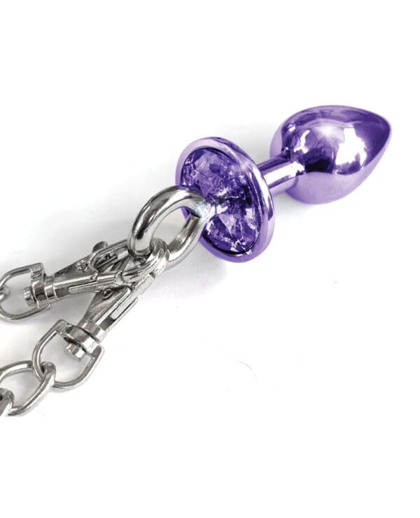Nixie Metal Butt Plug w/Inlaid Jewel & Fur Cuff Set - Purple Metallic - Image 3