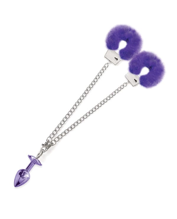 Nixie Metal Butt Plug w/Inlaid Jewel & Fur Cuff Set - Purple Metallic - Image 4