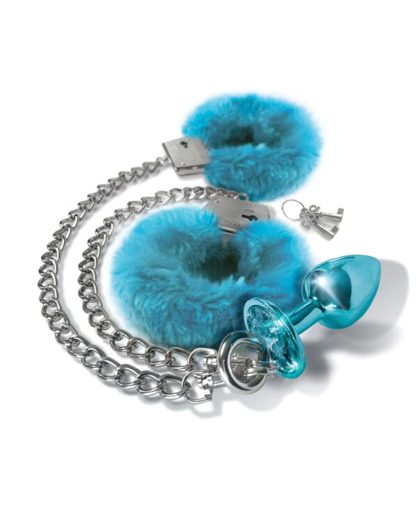 Nixie Metal Butt Plug w/Inlaid Jewel & Fur Cuff Set - Blue Metallic - Image 2