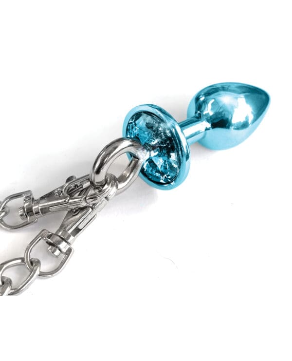 Nixie Metal Butt Plug w/Inlaid Jewel & Fur Cuff Set - Blue Metallic - Image 3