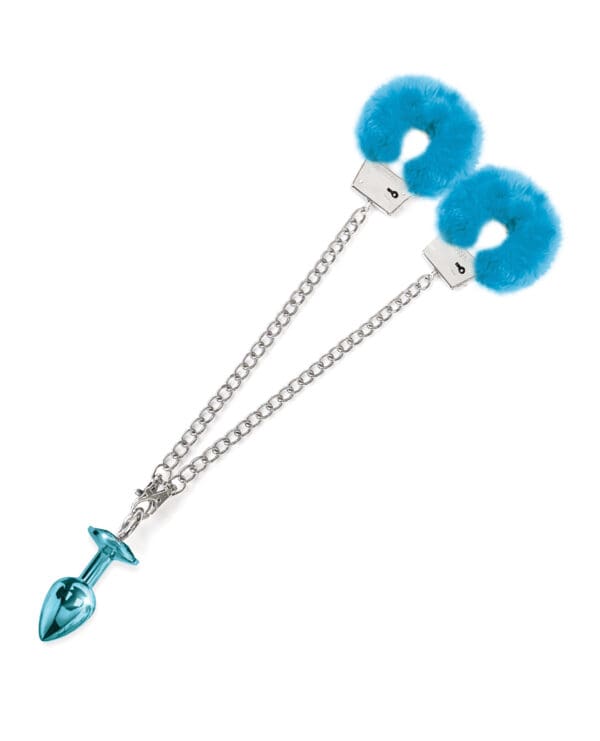 Nixie Metal Butt Plug w/Inlaid Jewel & Fur Cuff Set - Blue Metallic - Image 4