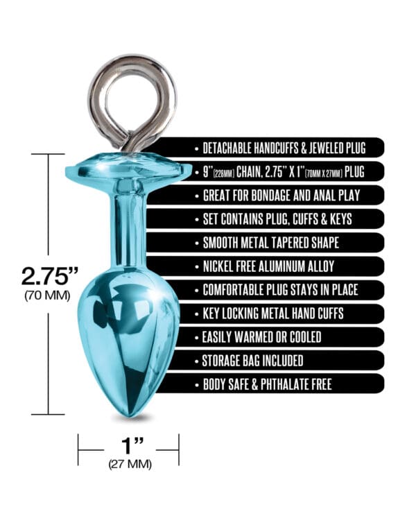 Nixie Metal Butt Plug w/Inlaid Jewel & Fur Cuff Set - Blue Metallic - Image 5