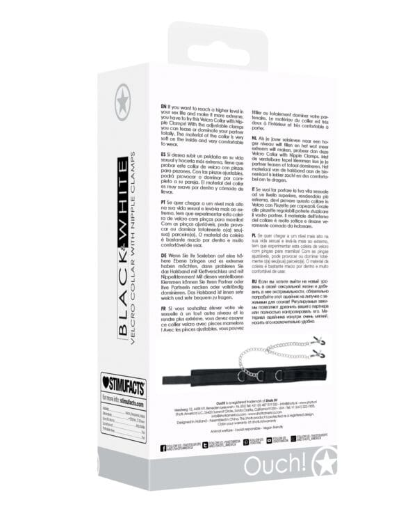 Shots Ouch Black & White Velcro Collar w/Nipple Clamps - Black - Image 2
