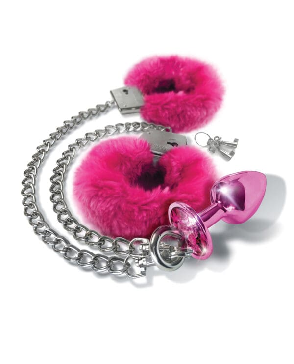 Nixie Metal Butt Plug w/Inlaid Jewel & Fur Cuff Set - Pink Metallic - Image 2
