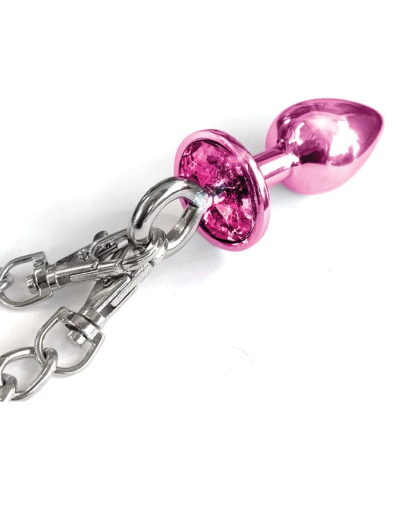 Nixie Metal Butt Plug w/Inlaid Jewel & Fur Cuff Set - Pink Metallic - Image 3