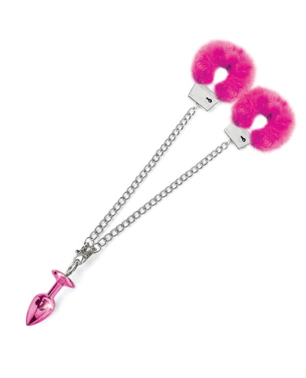 Nixie Metal Butt Plug w/Inlaid Jewel & Fur Cuff Set - Pink Metallic - Image 4