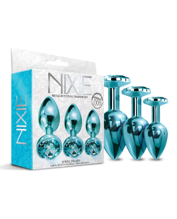 Nixie Metal Butt Plug Trainer Set w/Inlaid Jewel - Blue Metallic - Image 2
