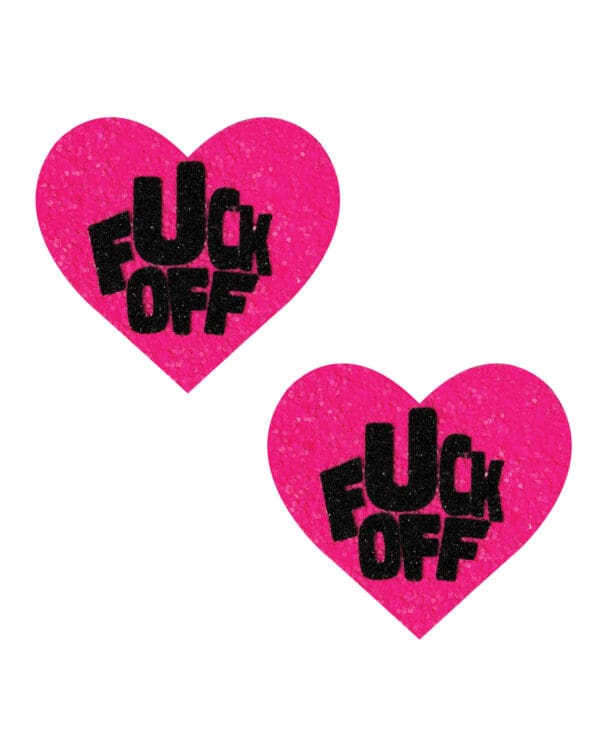Neva Nude Fuck Off Glitter Blacklight Reactive Heart Pasties - Pink/Black O/S - Image 2