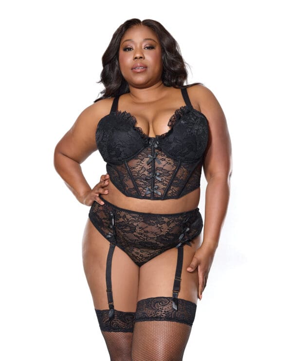 Lace Bustier w/Padded Cups & Gartered Thong Panty 2 pc Set - Black 3X/4X - Image 2