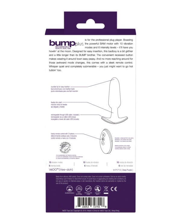 VeDO Bump Plus Rechargeable Remote Control Anal Vibe - Deep Purple - Image 2