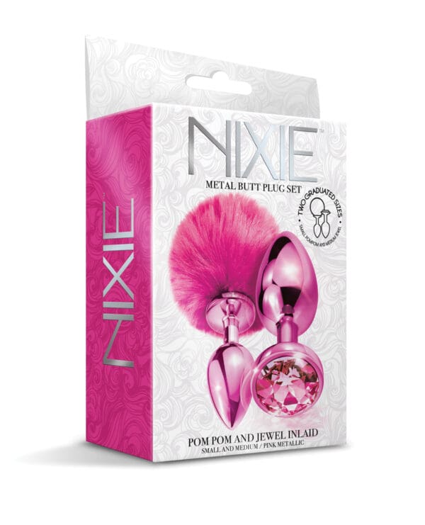 Nixie Metal Butt Plug Set w/Jewel Inlaid & Pom Pom - Pink Metallic - Image 2