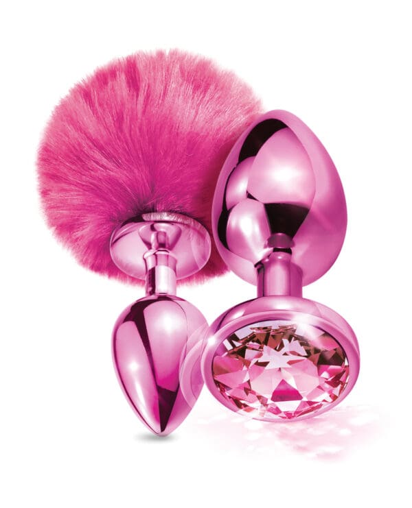 Nixie Metal Butt Plug Set w/Jewel Inlaid & Pom Pom - Pink Metallic - Image 3