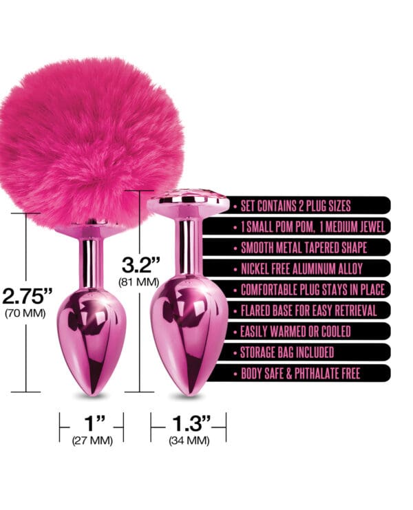 Nixie Metal Butt Plug Set w/Jewel Inlaid & Pom Pom - Pink Metallic - Image 4