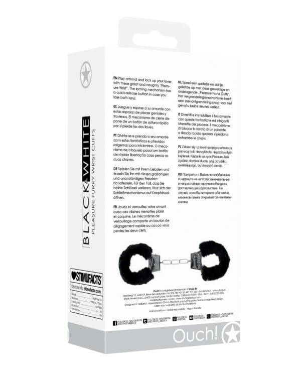 Shots Ouch Black & White Beginner's Furry Hand Cuffs - Black - Image 2