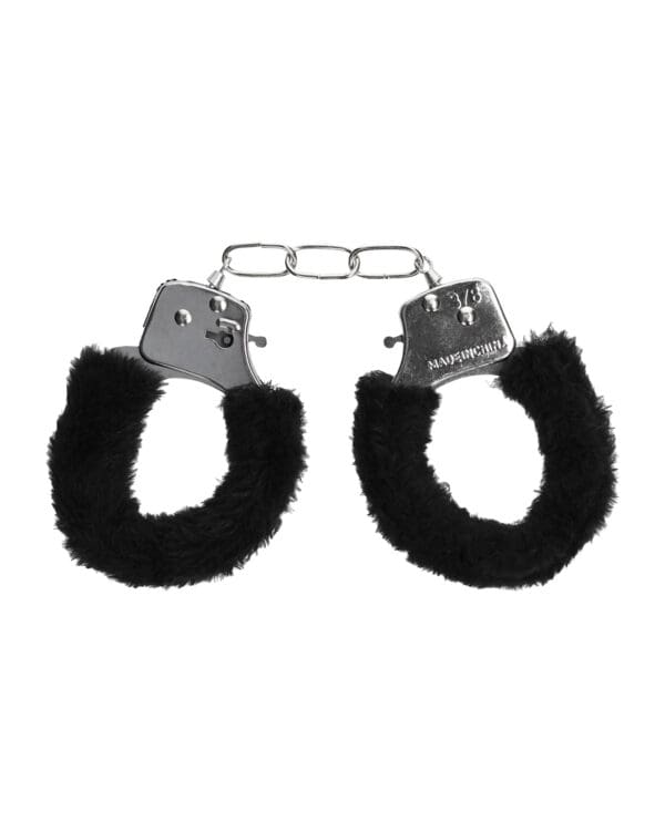 Shots Ouch Black & White Beginner's Furry Hand Cuffs - Black - Image 4