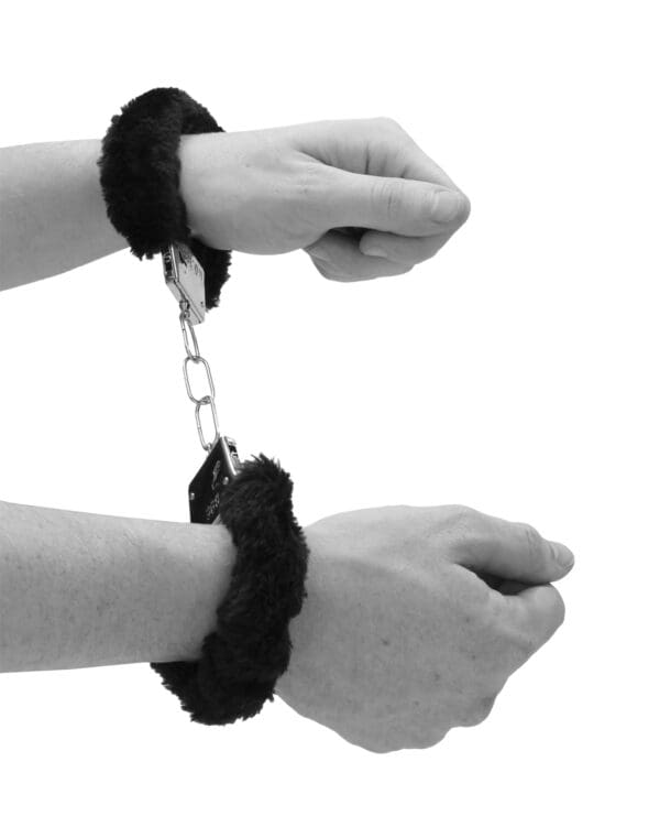 Shots Ouch Black & White Beginner's Furry Hand Cuffs - Black - Image 5