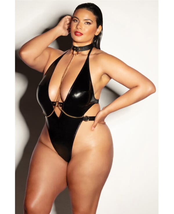 FETISH Submissive V-Plunge Vinyl Teddy w/Removable Chain Harness & Hand Cuff Black 1X/2X - Image 2