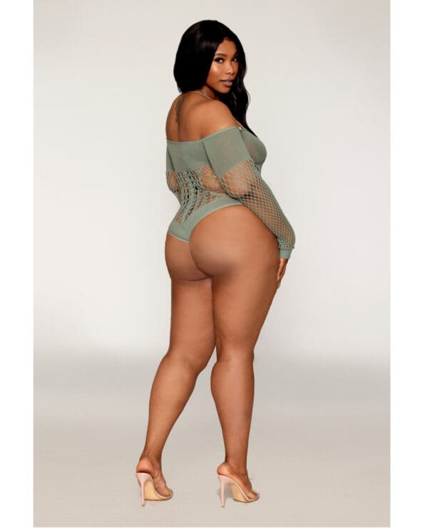 Long Sleeve Opaque and Fishnet Seamless Teddy w/Removable Halter Chain - Sage Green QN - Image 2