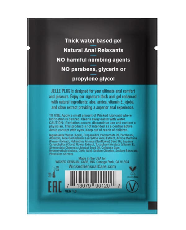 Wicked Sensual Care Jelle Plus Water Based Anal Lubricant with Relaxants - .1 oz - Image 2