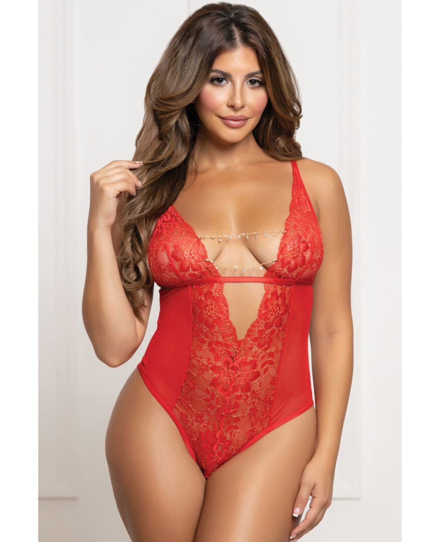 Lace and Mesh Open Crotch Teddy w/Rhinestone Detail - Red O/S