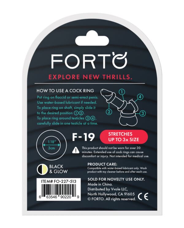 Forto F-19 Two Tone Liquid Silicone Cock Ring - Black/Glow in the Dark - Image 2