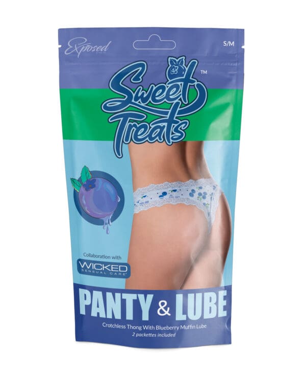 Sweet Treats Crotchless Thong w/Wicked Sensual Care Blueberry Lube - Blue L/XL - Image 4