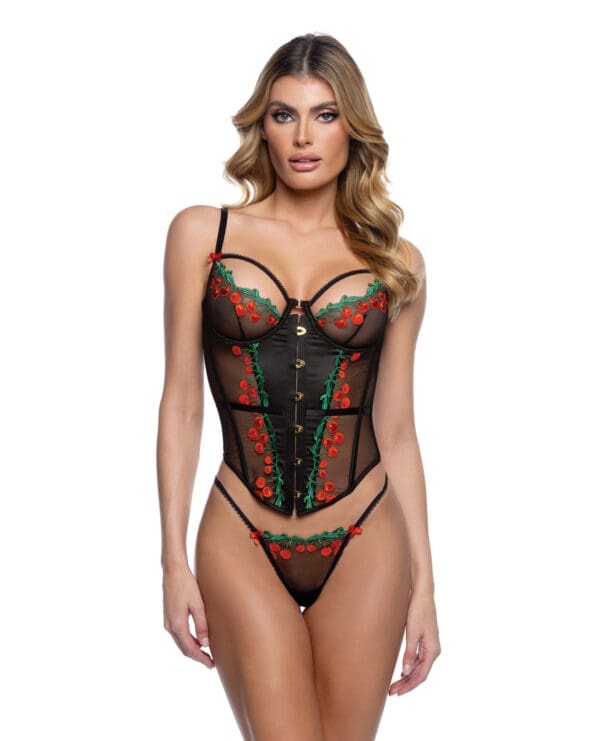 Cherry Delight Embroidered Underwire Corset w/G-String - Black MD