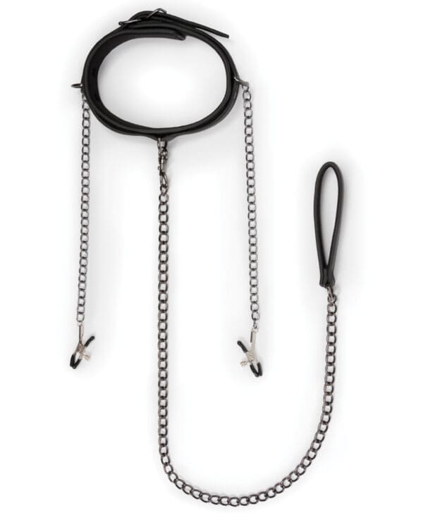 Easy Toys Faux Leather Collar w/Nipple Chains - Black - Image 2