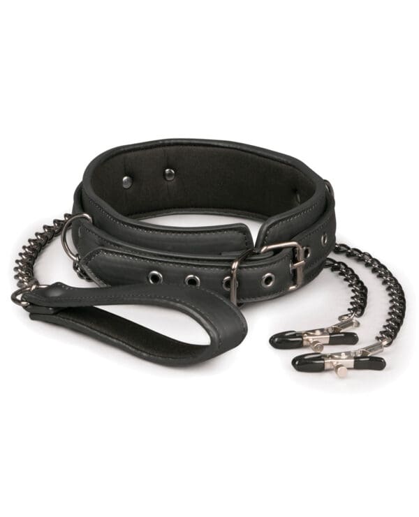 Easy Toys Faux Leather Collar w/Nipple Chains - Black - Image 3