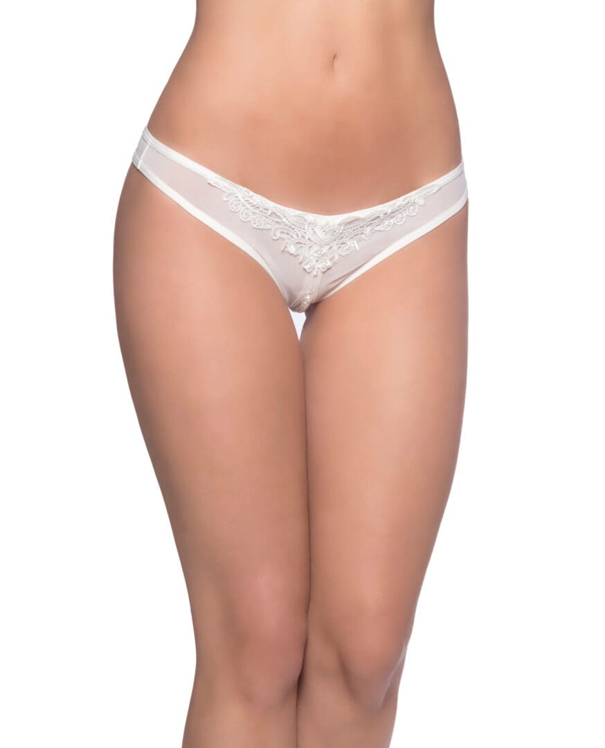 Crotchless Thong w/Pearls White O/S