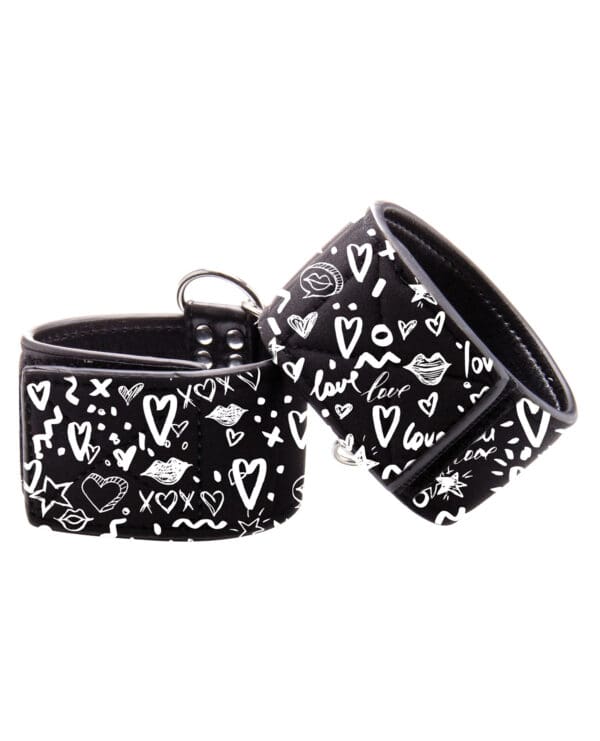 Shots Ouch Love Street Art Fashion Printed Hand Cuffs - Black - Image 2