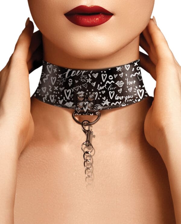 Shots Ouch Love Street Art Fashion Printed Collar w/Leash - Black - Image 2