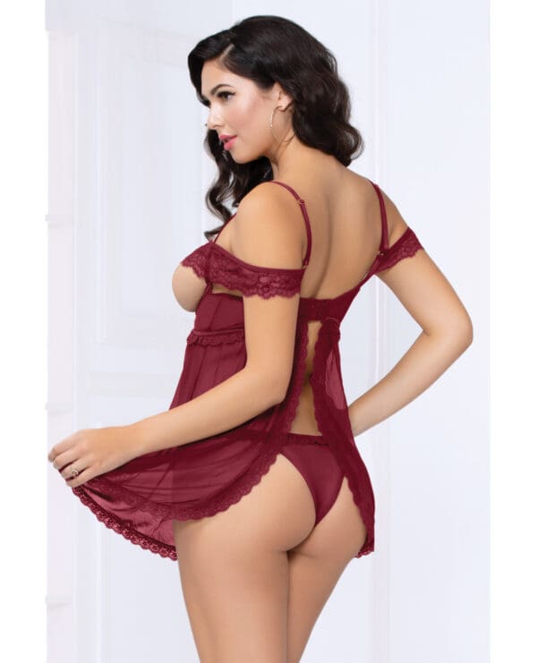 Lace & Mesh Open Cups Babydoll w/Fly Away Back & Panty Wine SM - Image 2