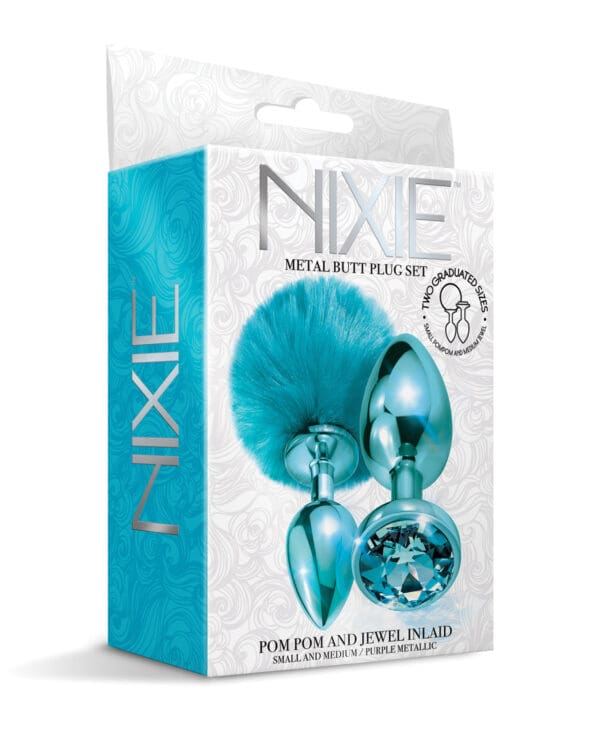Nixie Metal Butt Plug Set w/Jewel Inlaid & Pom Pom - Blue Metallic - Image 2