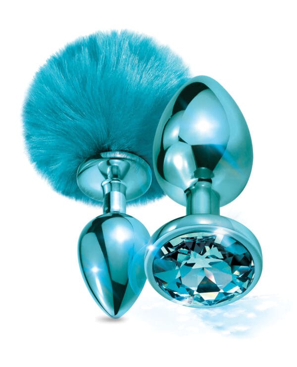 Nixie Metal Butt Plug Set w/Jewel Inlaid & Pom Pom - Blue Metallic - Image 3