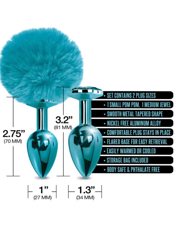 Nixie Metal Butt Plug Set w/Jewel Inlaid & Pom Pom - Blue Metallic - Image 4