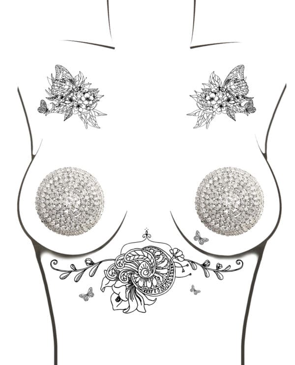 Neva Nude Burlesque Big O Crystal Jewel Reusable Silicone Pasties - Silver O/S - Image 2