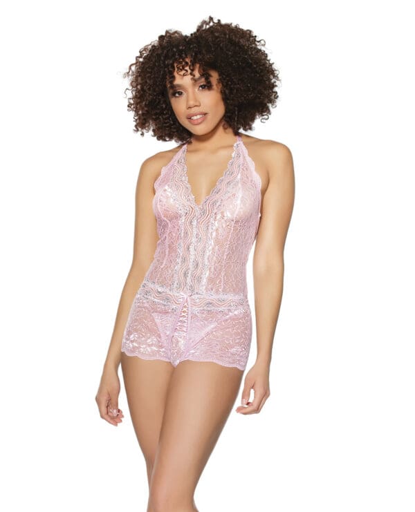 Crystal Pink Halter Crotchless Teddy Pink/Silver O/S - Image 3