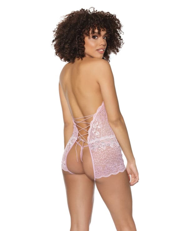 Crystal Pink Halter Crotchless Teddy Pink/Silver O/S - Image 5