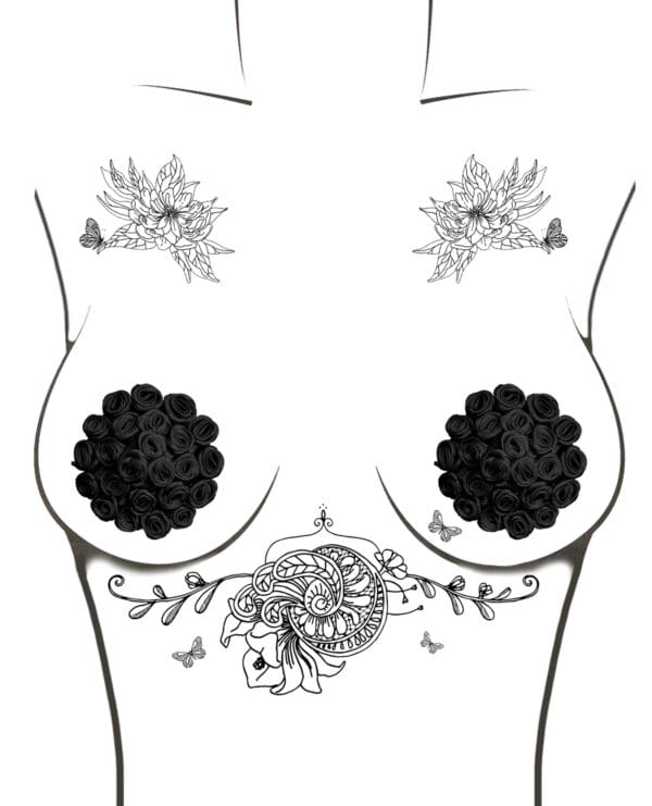 Neva Nude Burlesque Nightfall Roses Reusable Silicone Pasties - Black O/S - Image 2
