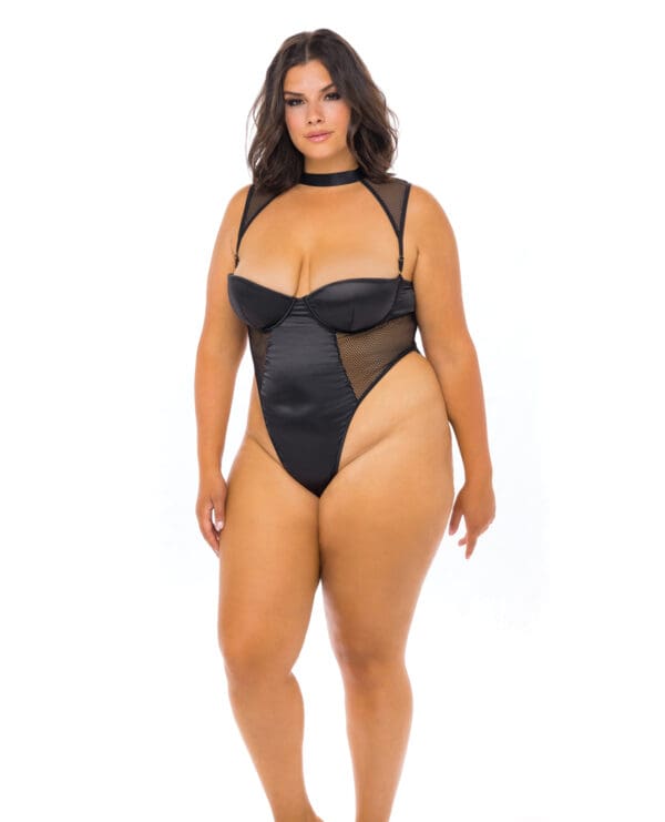 Josephine High Leg Teddy w/Removable Fishnet Collared Harness Black 3X - Image 2