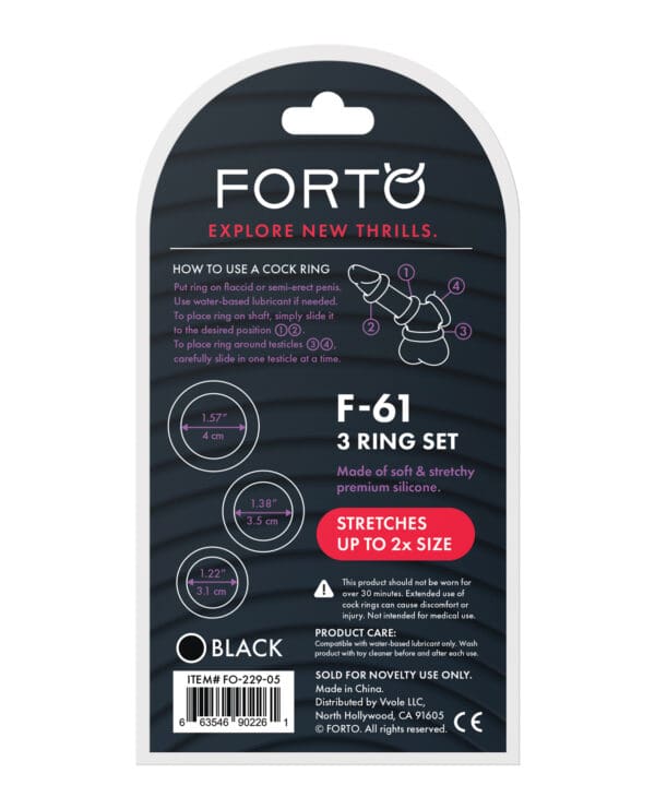 Forto F-61 Liquid 3 Piece Cock Ring Set - Black - Image 2