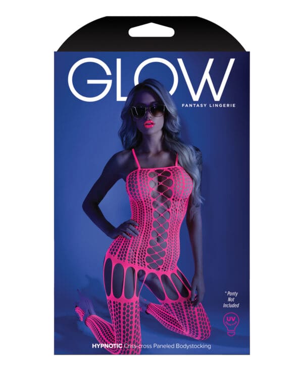 Glow Black Light Criss Cross Paneled Bodystocking Neon Pink O/S - Image 3