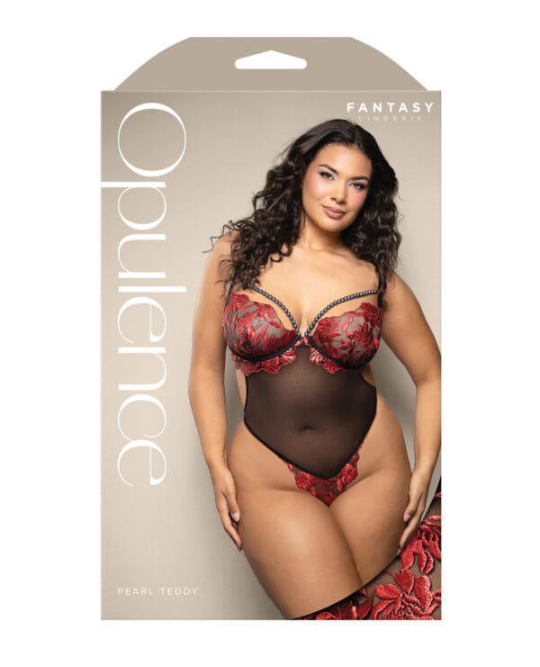 Opulence Embroidered Underwire Open Crotch Teddy w/Pearl Detail - Red QN - Image 3