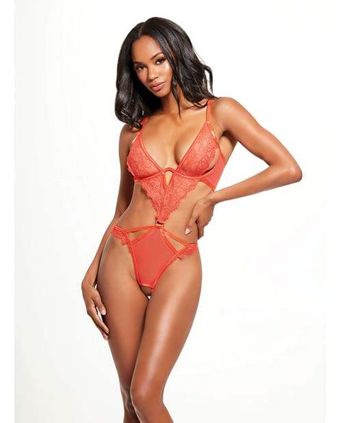 Nadia Lace & Mesh Cutout Teddy - Grenadine Dark Orange LG