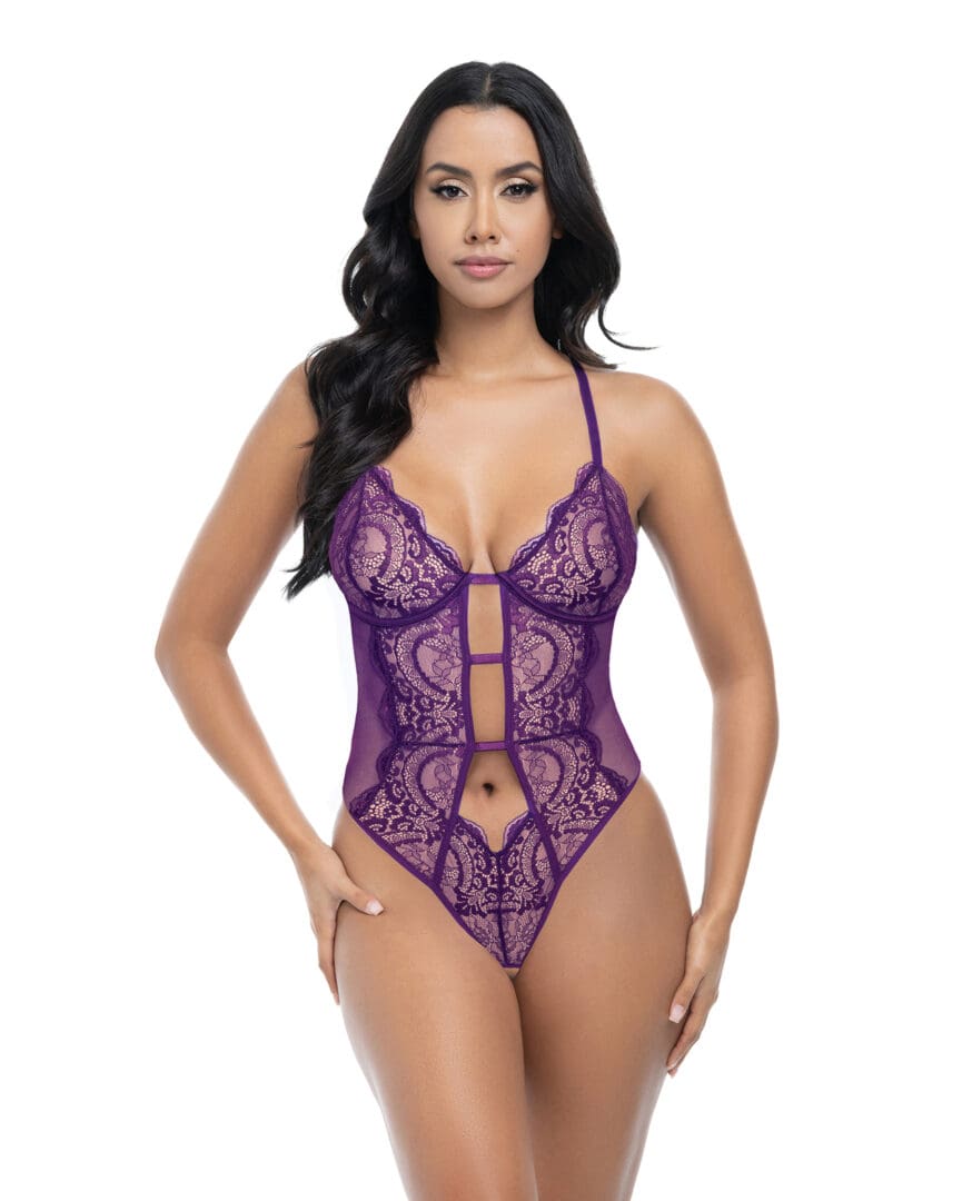 Carmen Lace & Mesh Underwire Crotchless Teddy - Imperial Purple S/M